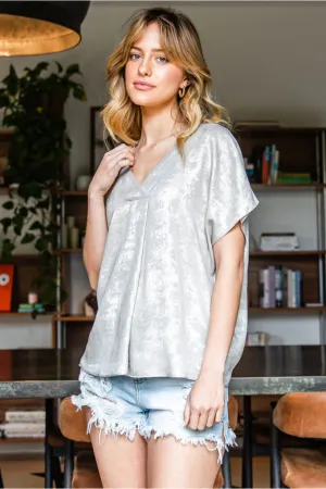 Metallic Print Top W/ V-Neck, Short Curved Sleeves