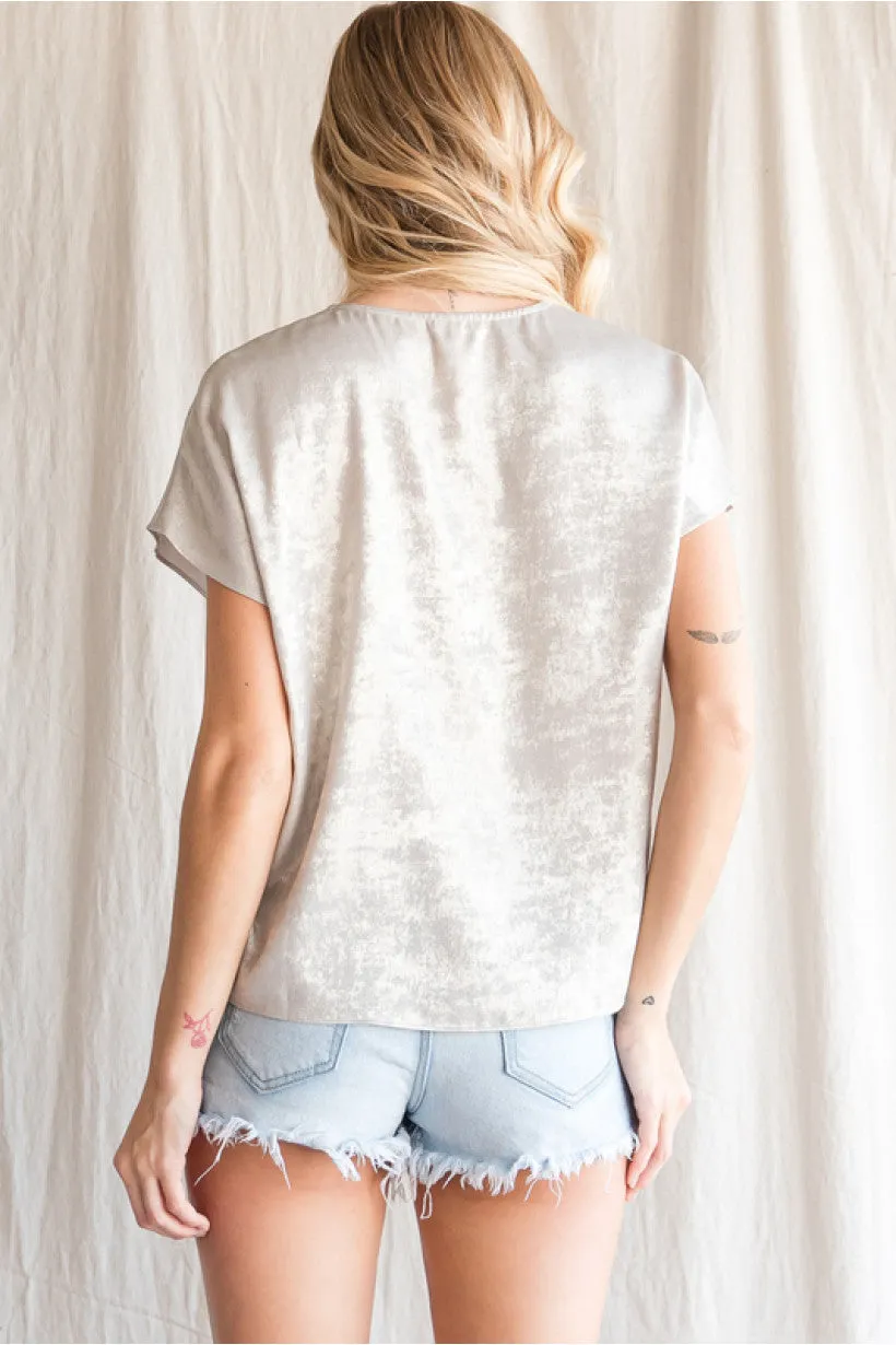 Metallic Print Top W/ V-Neck, Short Curved Sleeves