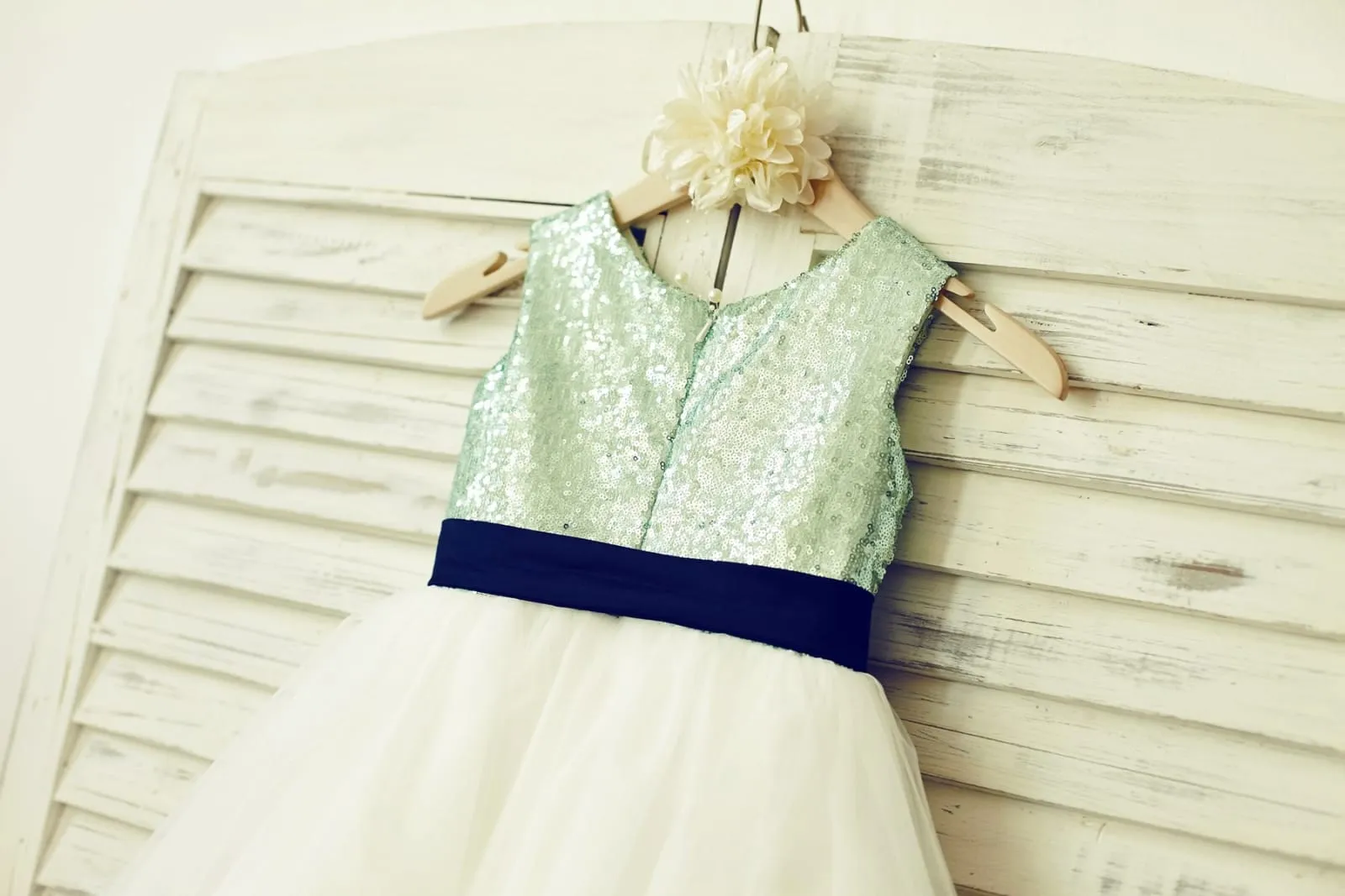 Mint\Pink/Navy/Gold/Royal Sequin Ivory Tulle Flower Girl Dress, Sash