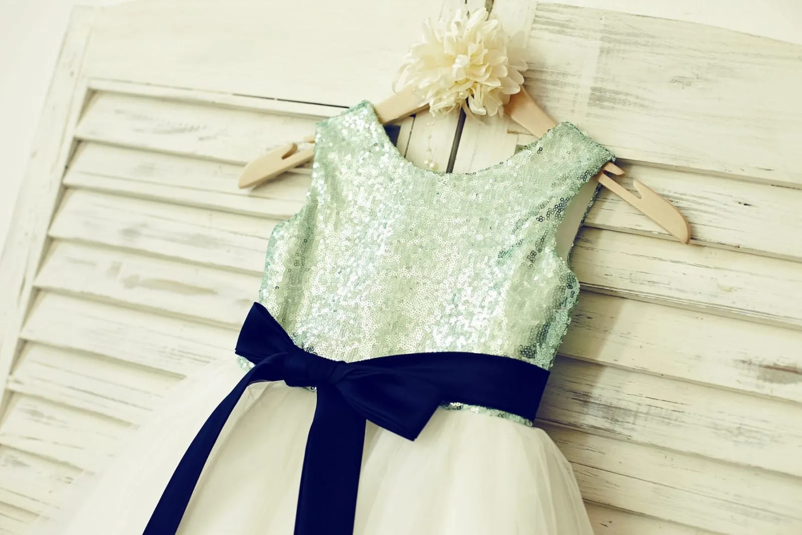 Mint\Pink/Navy/Gold/Royal Sequin Ivory Tulle Flower Girl Dress, Sash