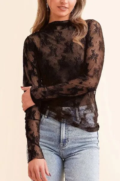 MOCK NECK LONG SLEEVE SHEER TOP