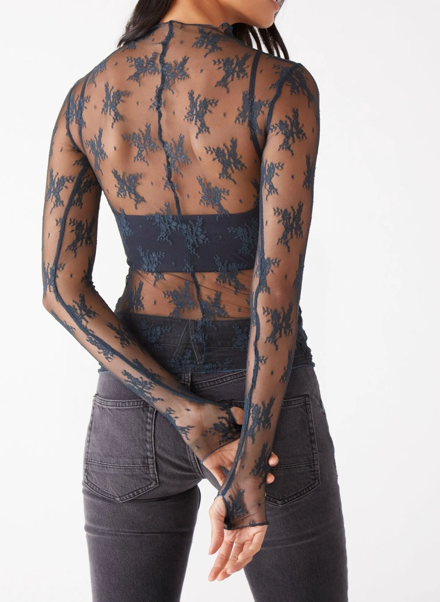 Mock Neck Mesh Sheer Floral Lace Top