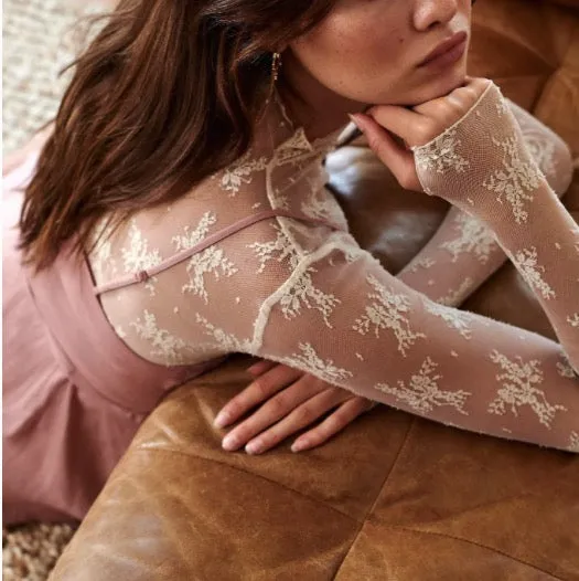 Mock Neck Mesh Sheer Floral Lace Top