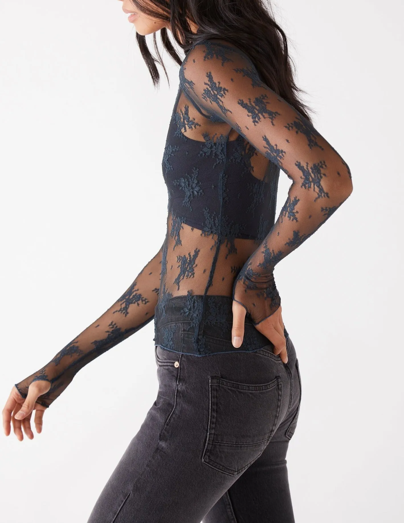 Mock Neck Mesh Sheer Floral Lace Top