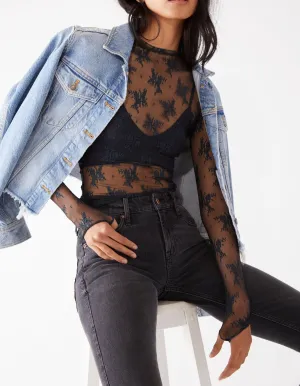Mock Neck Mesh Sheer Floral Lace Top