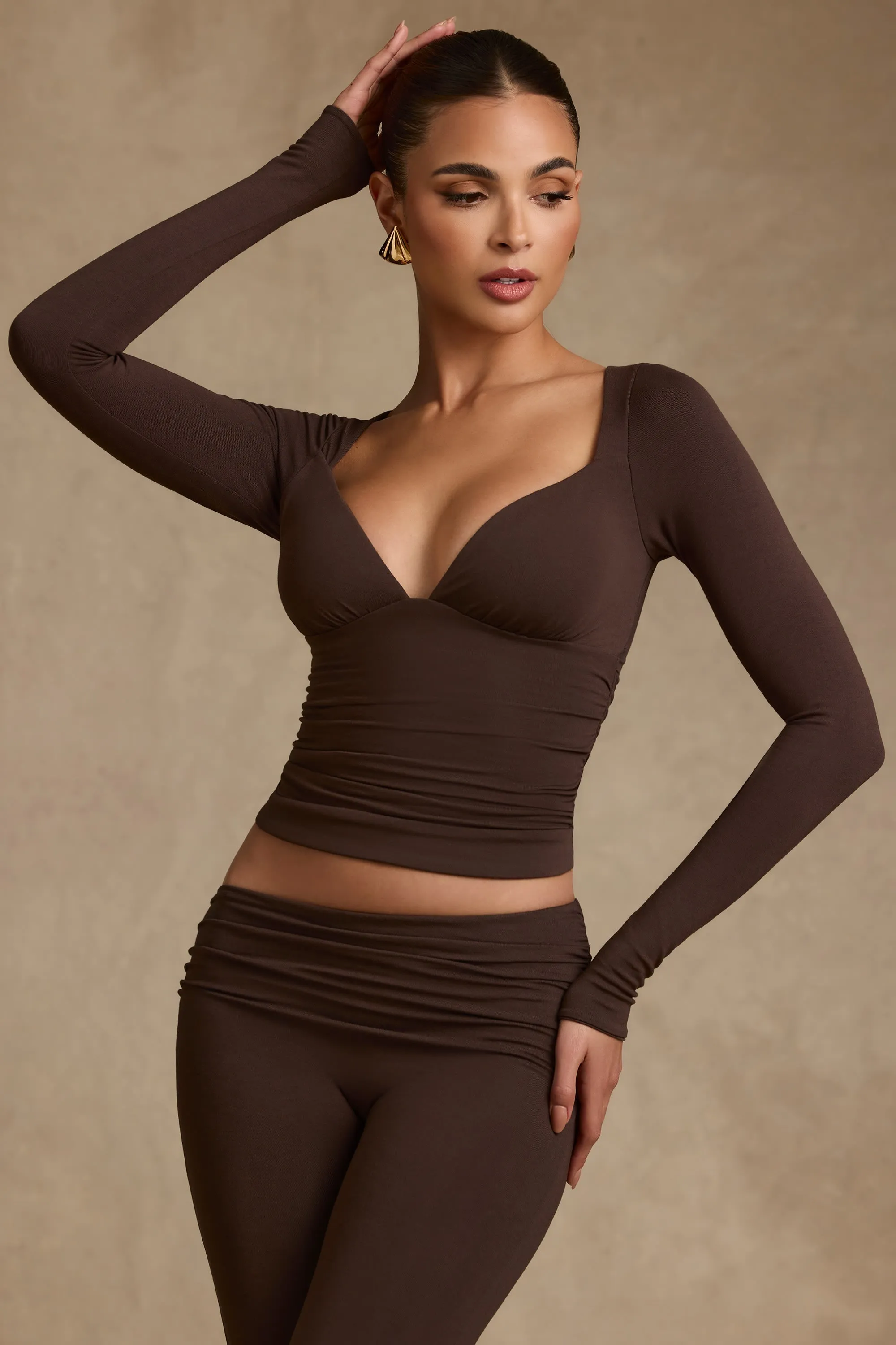 Modal Ruched Long-Sleeve Top in Chocolate Brown