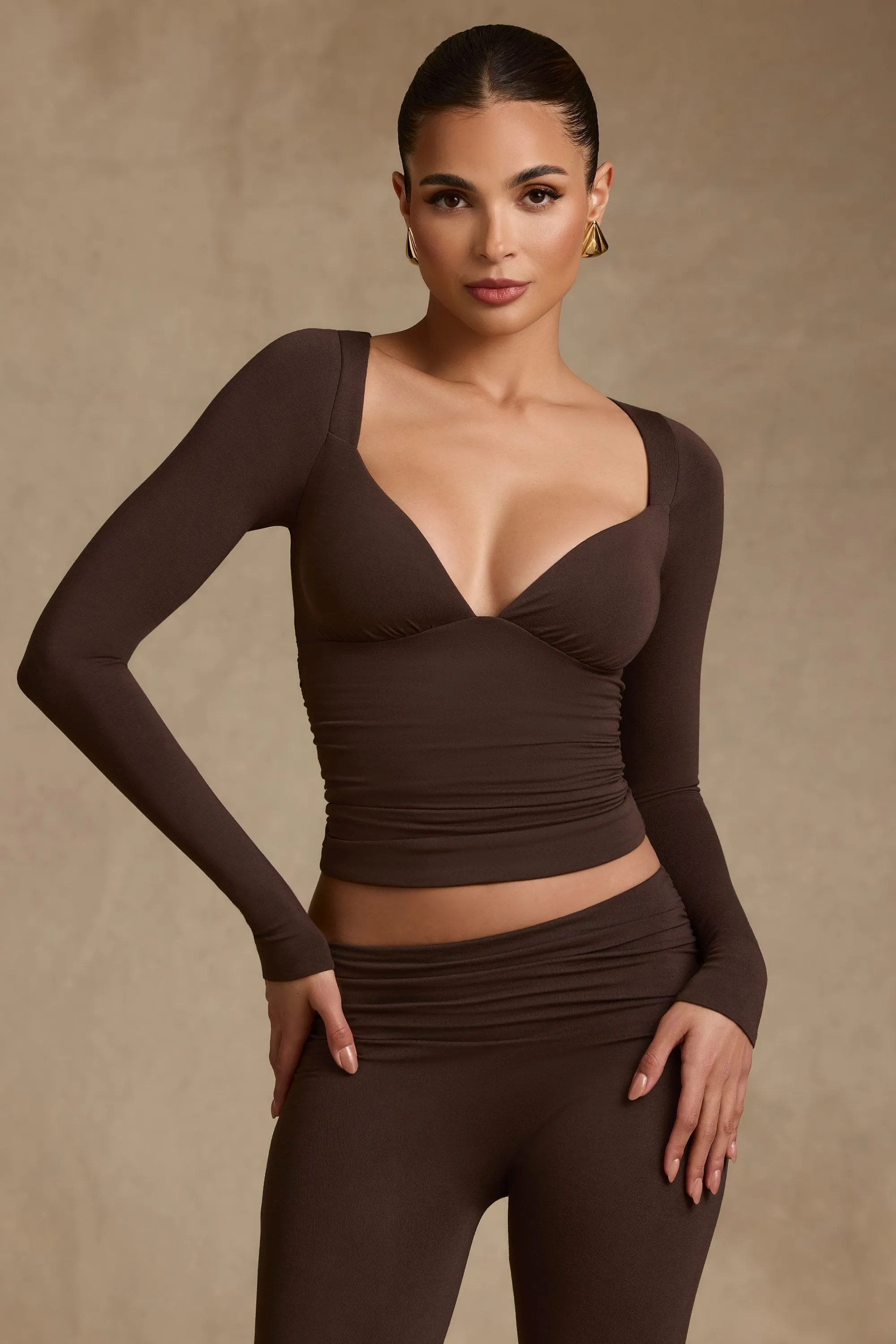 Modal Ruched Long-Sleeve Top in Chocolate Brown