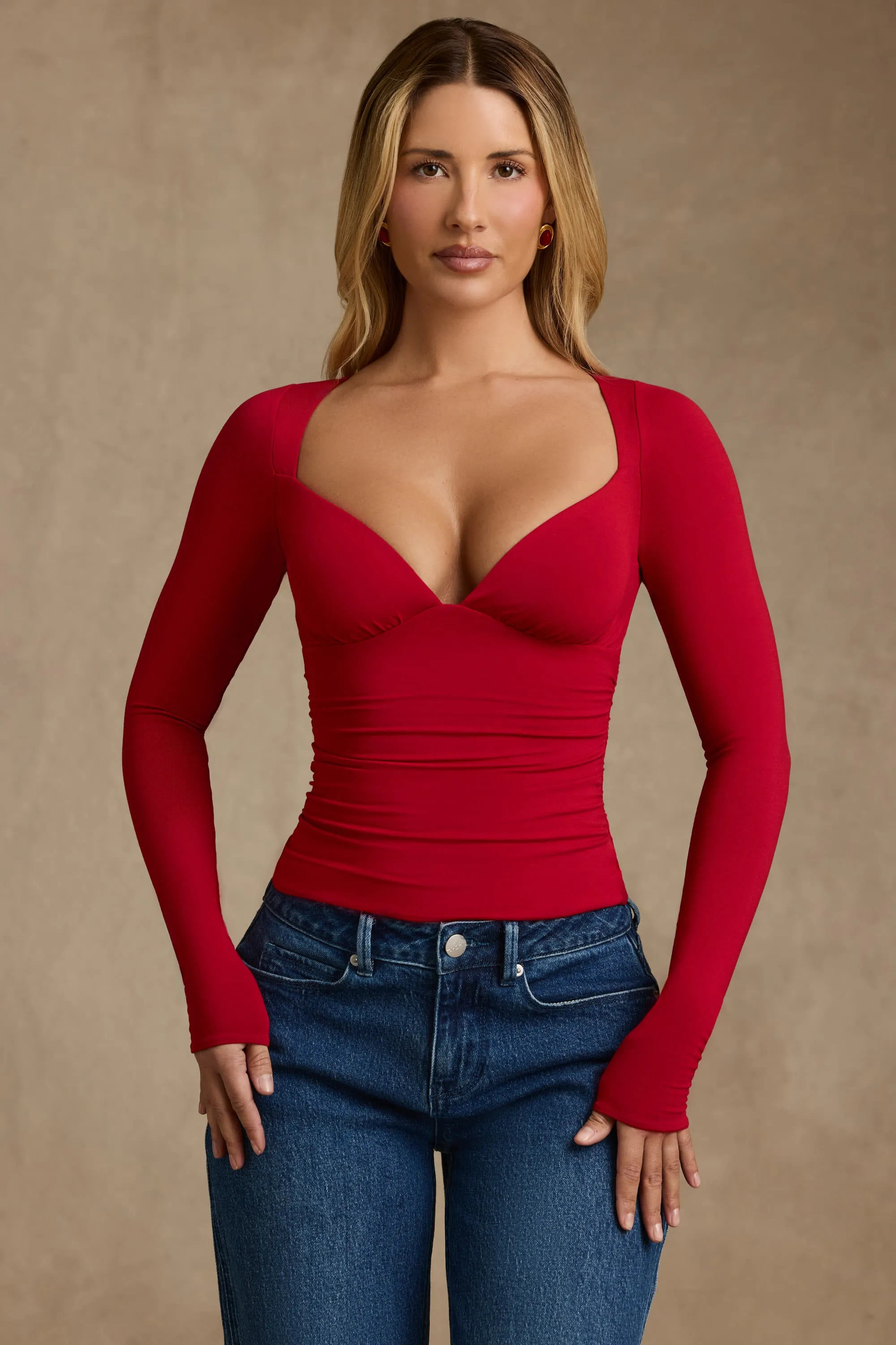 Modal Ruched Long-Sleeve Top in Red