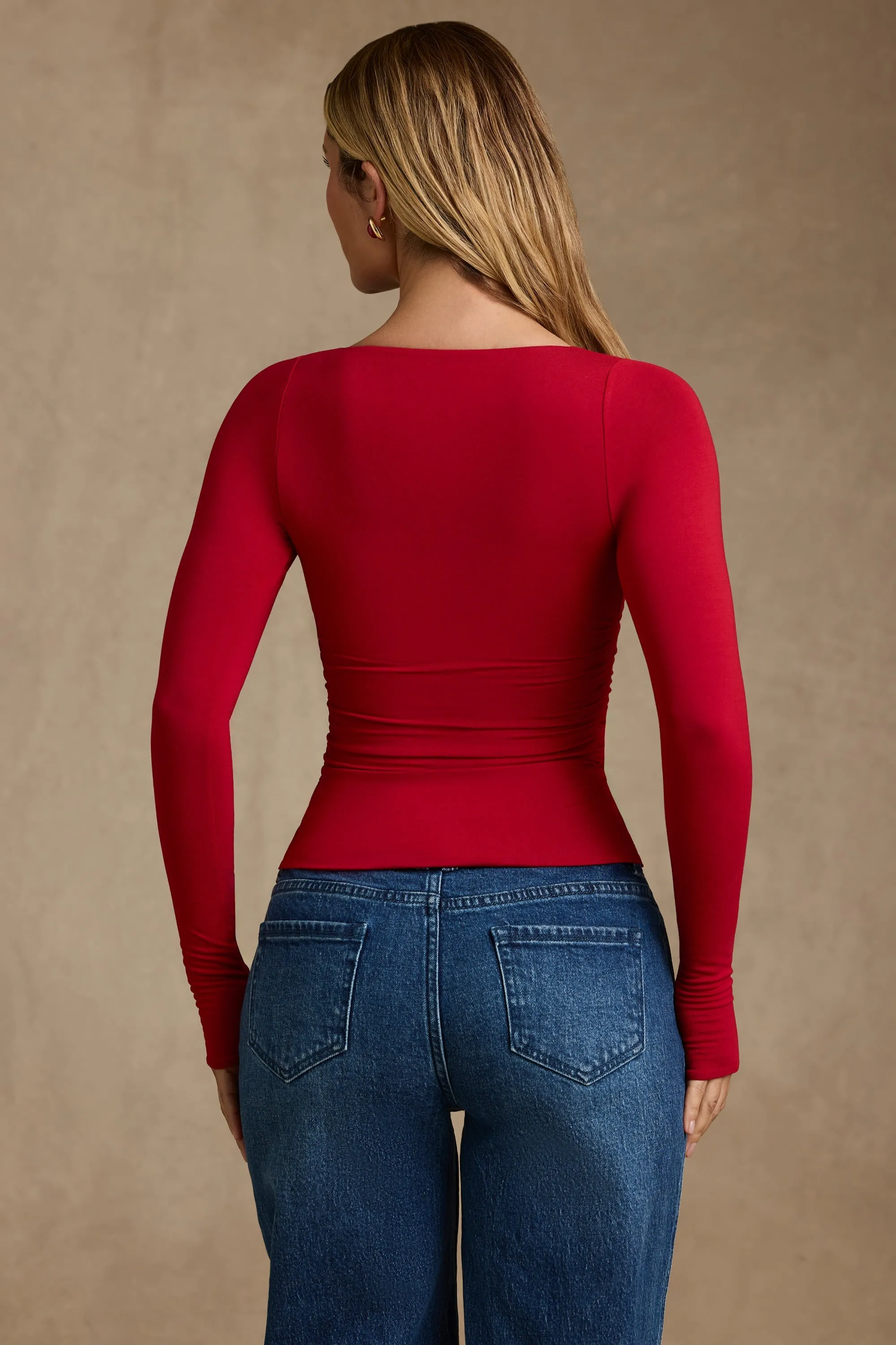 Modal Ruched Long-Sleeve Top in Red