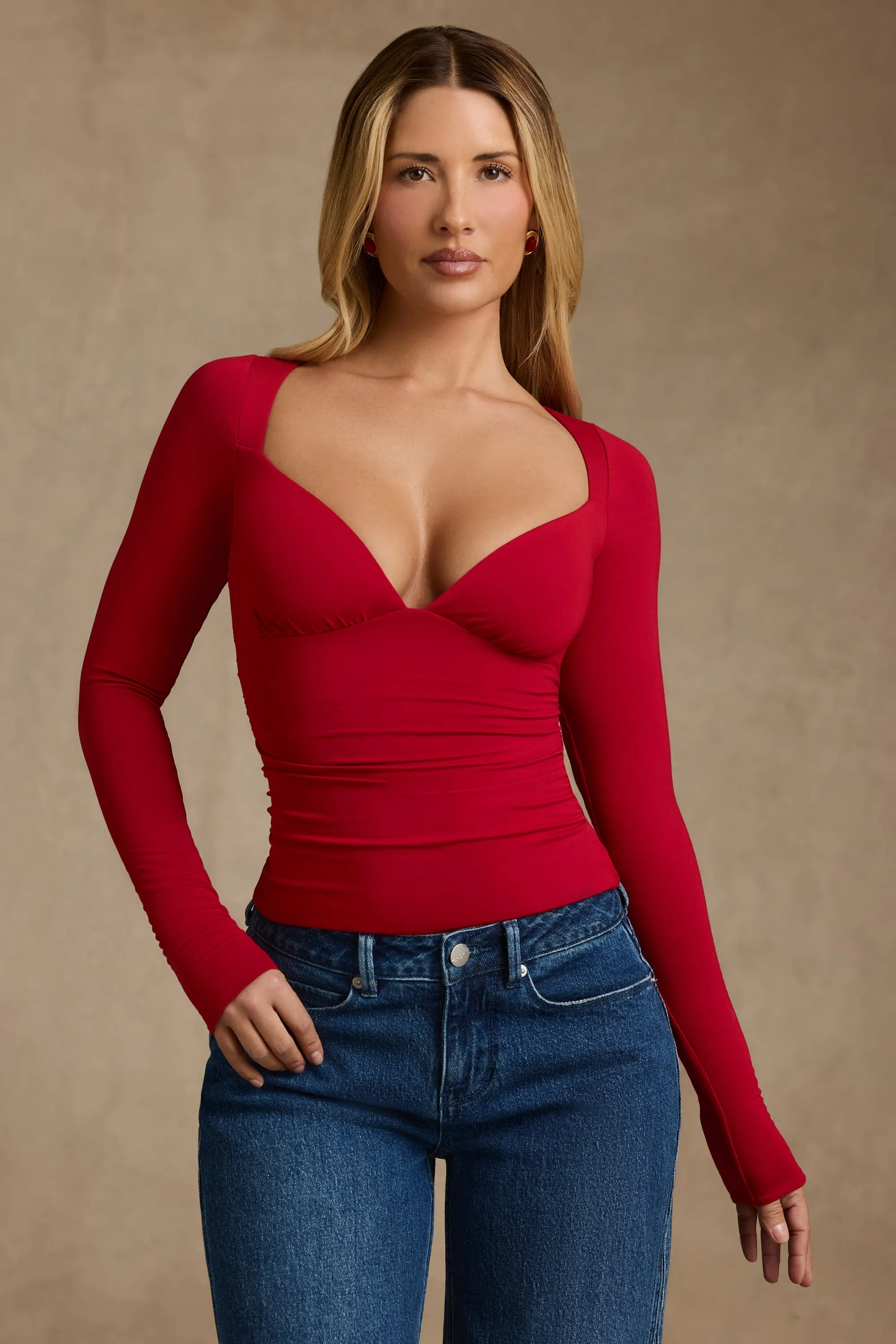 Modal Ruched Long-Sleeve Top in Red
