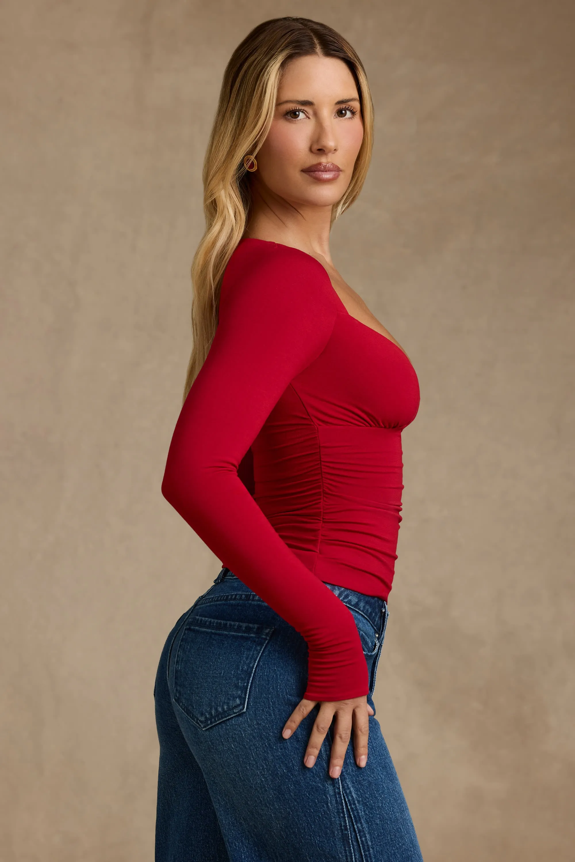 Modal Ruched Long-Sleeve Top in Red