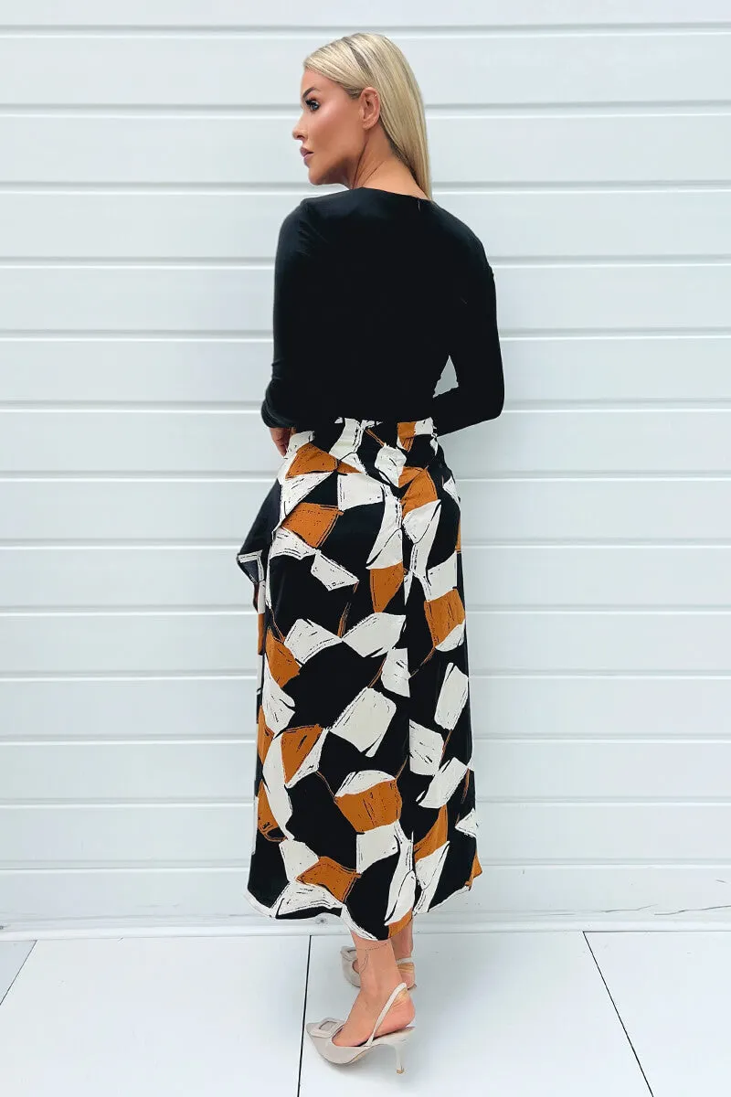 Multi Geometric Print 2 in 1 Long Sleeve Double Frill Split Midi Dress