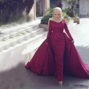 muslim prom dresses with detachable skirt lace appliqué Burgundy beaded elegant arabic prom gown