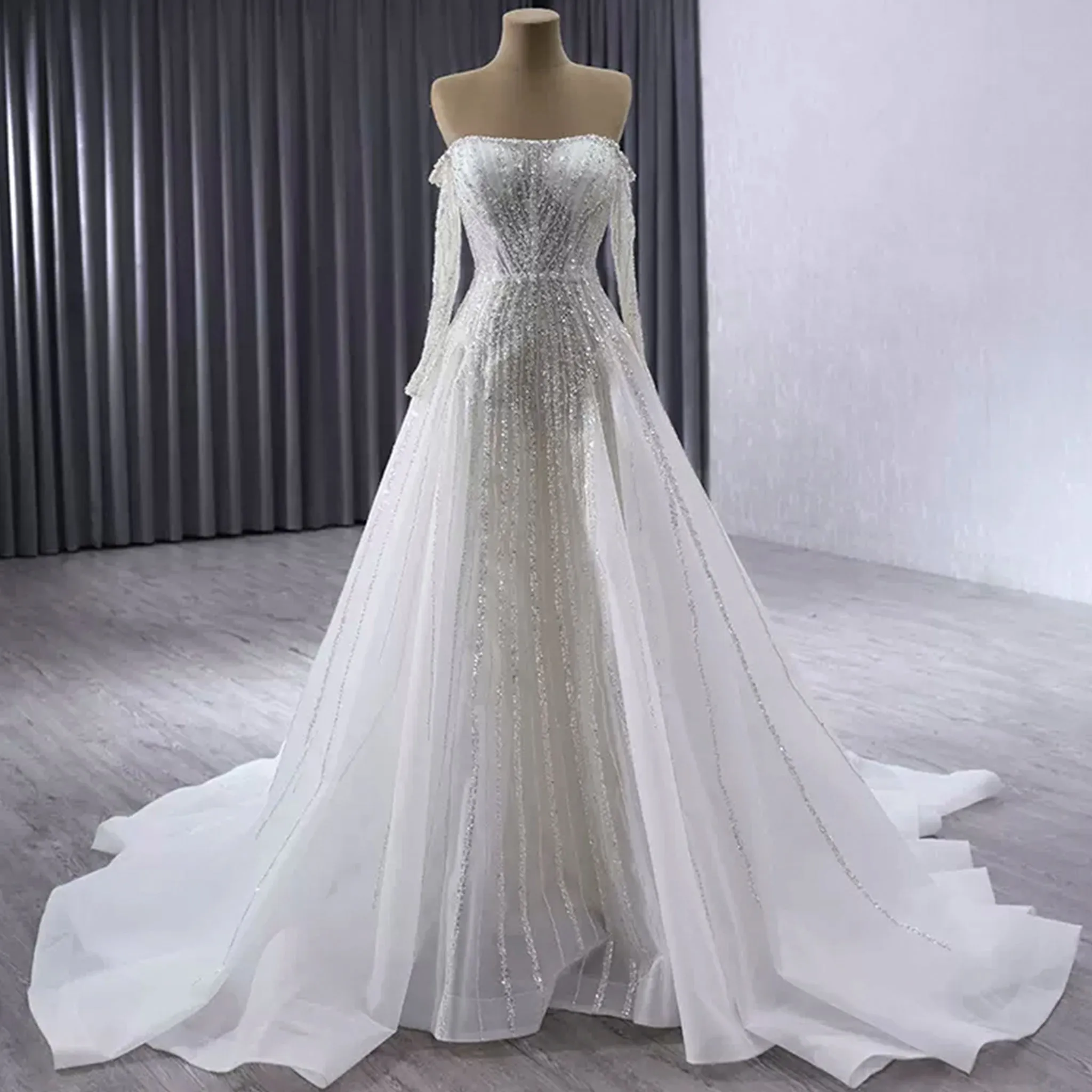 Muslim Style High Neck Sparkly Wedding Dress with Detachable Jacket