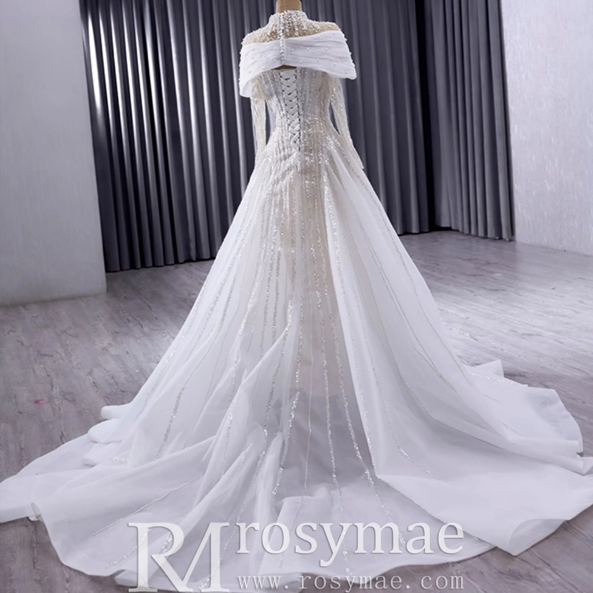 Muslim Style High Neck Sparkly Wedding Dress with Detachable Jacket