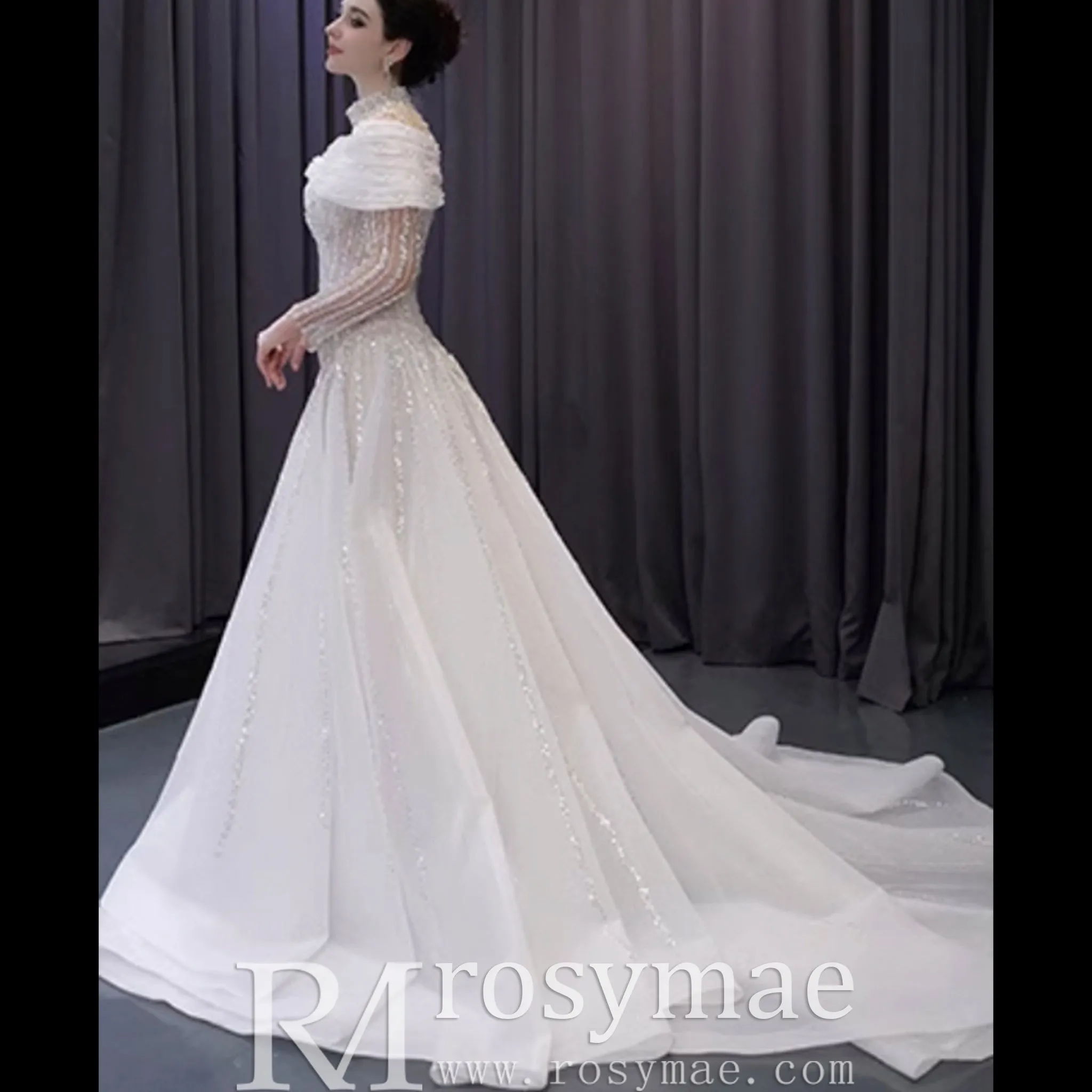 Muslim Style High Neck Sparkly Wedding Dress with Detachable Jacket