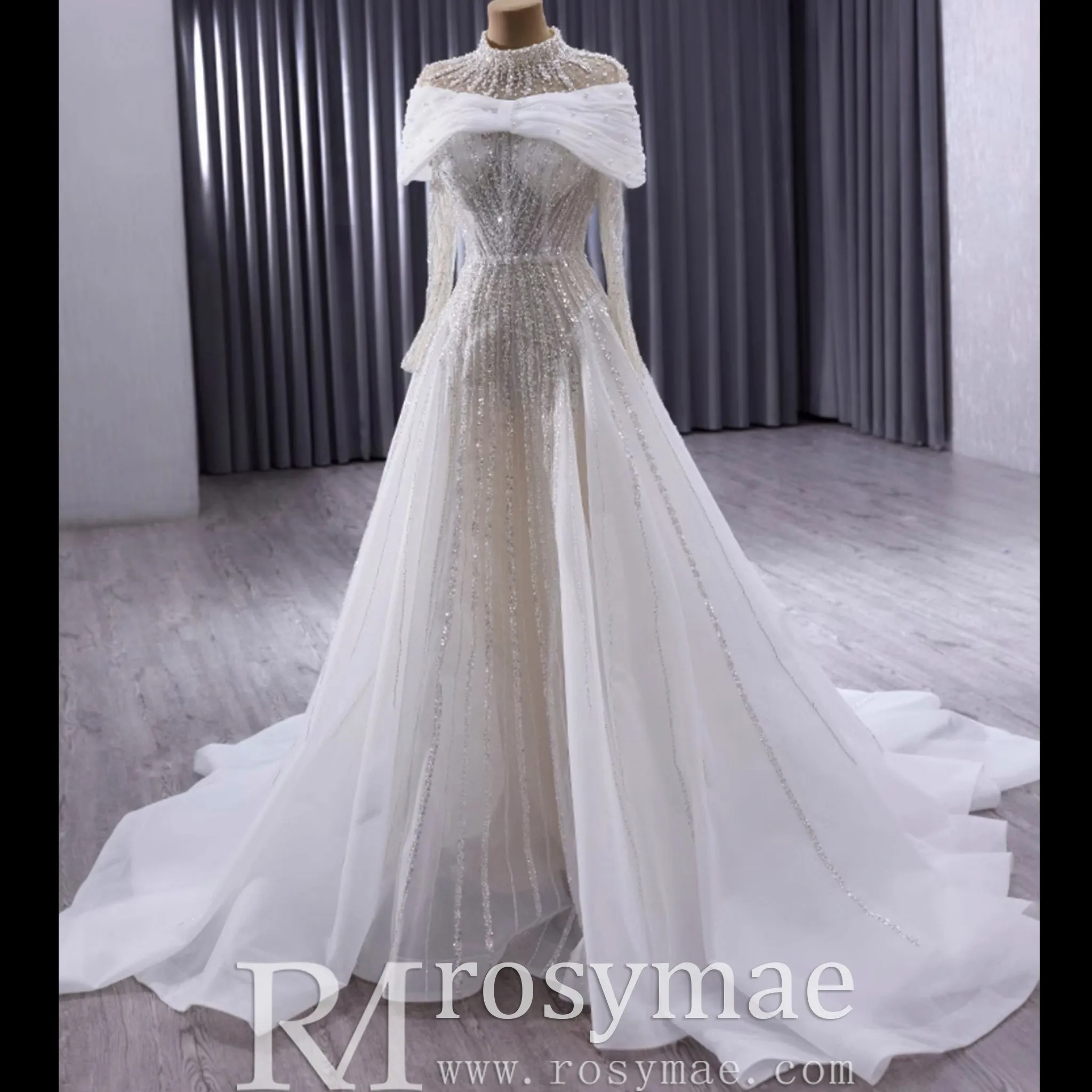 Muslim Style High Neck Sparkly Wedding Dress with Detachable Jacket