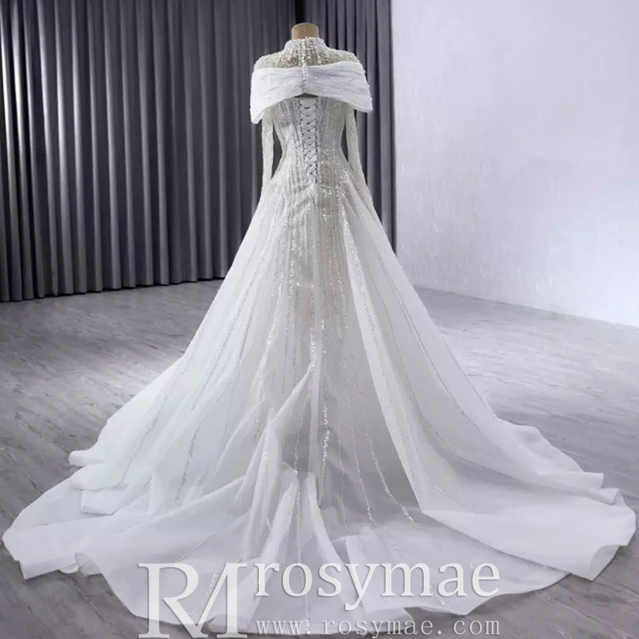 Muslim Style High Neck Sparkly Wedding Dress with Detachable Jacket