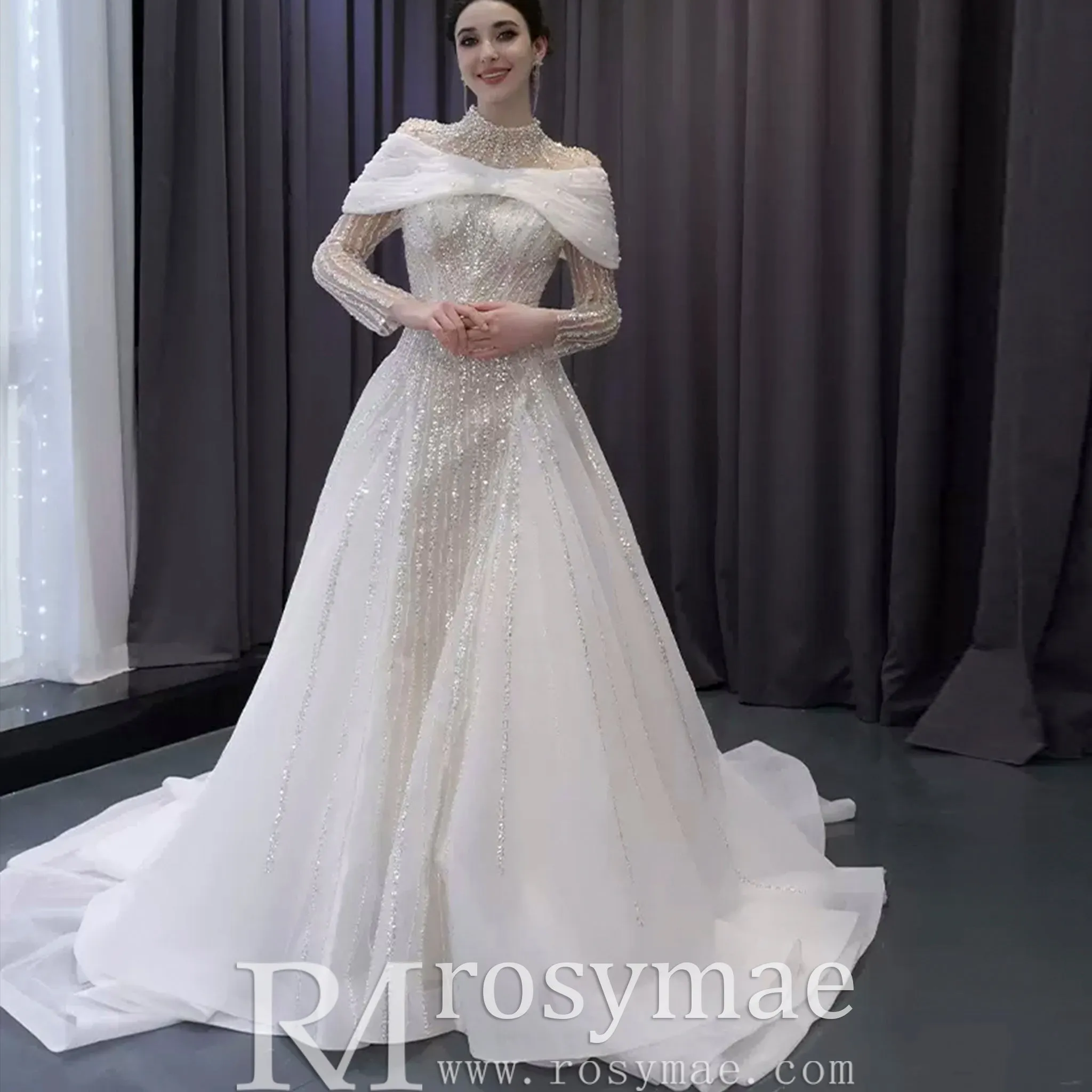 Muslim Style High Neck Sparkly Wedding Dress with Detachable Jacket