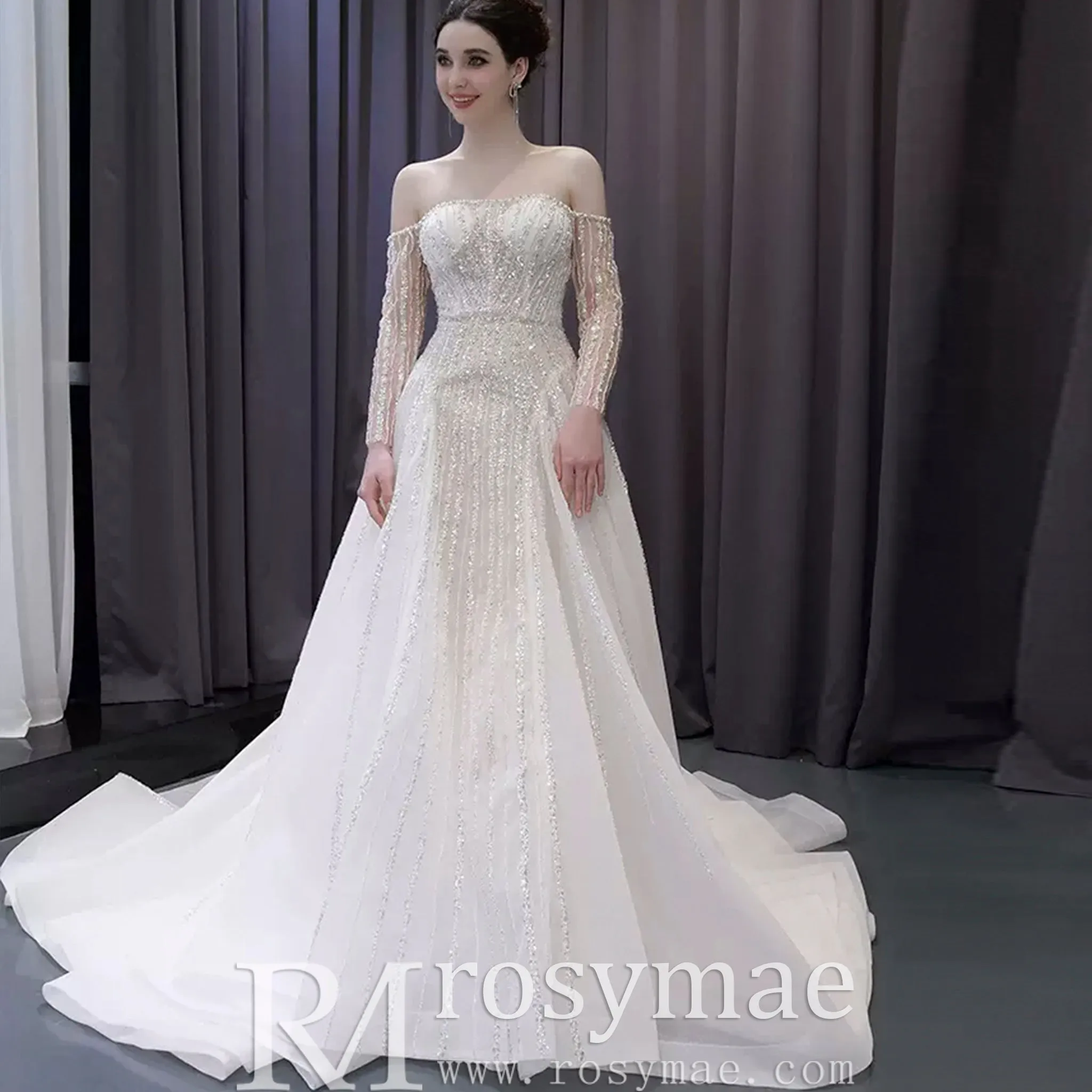 Muslim Style High Neck Sparkly Wedding Dress with Detachable Jacket