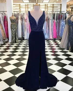 Navy Blue Mermaid Prom Dresses with V Neckline Beaded New 2018 Prom Gowns Split Side