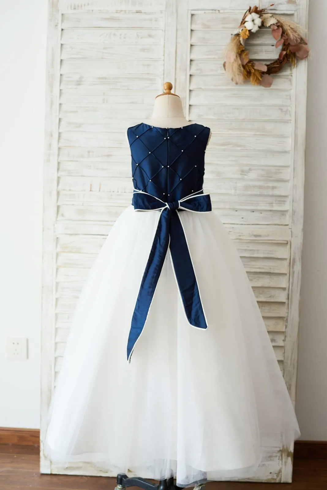 Navy Blue Taffeta Ivory Tulle Wedding Party Flower Girl Dress, Pearls
