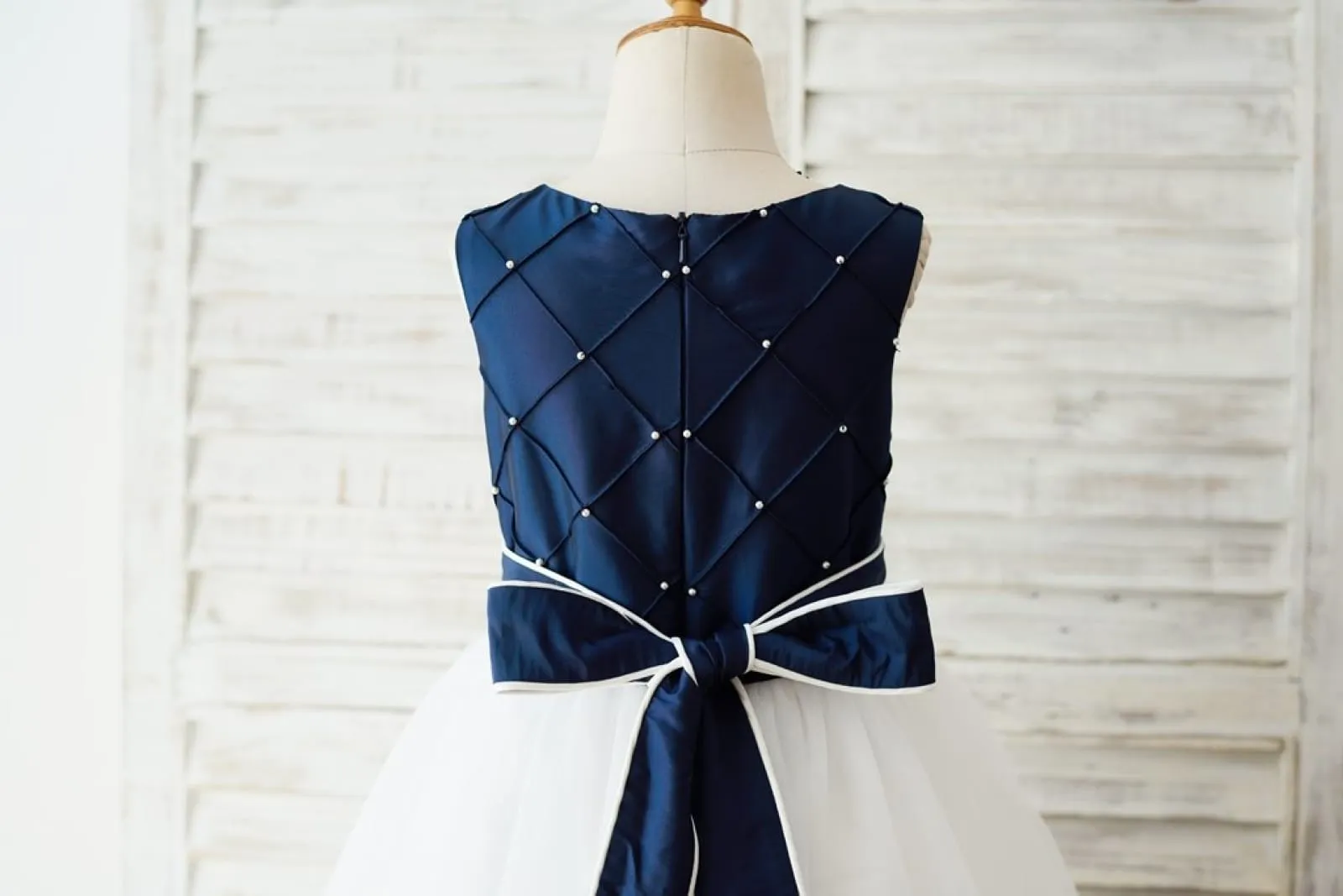 Navy Blue Taffeta Ivory Tulle Wedding Party Flower Girl Dress, Pearls