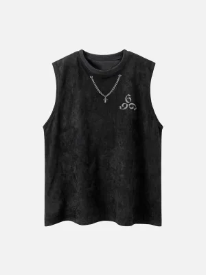 Necklace Cross Print Suede Vest
