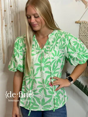 Neon Mint and White Floral Top with Ruching and Tie at Neck