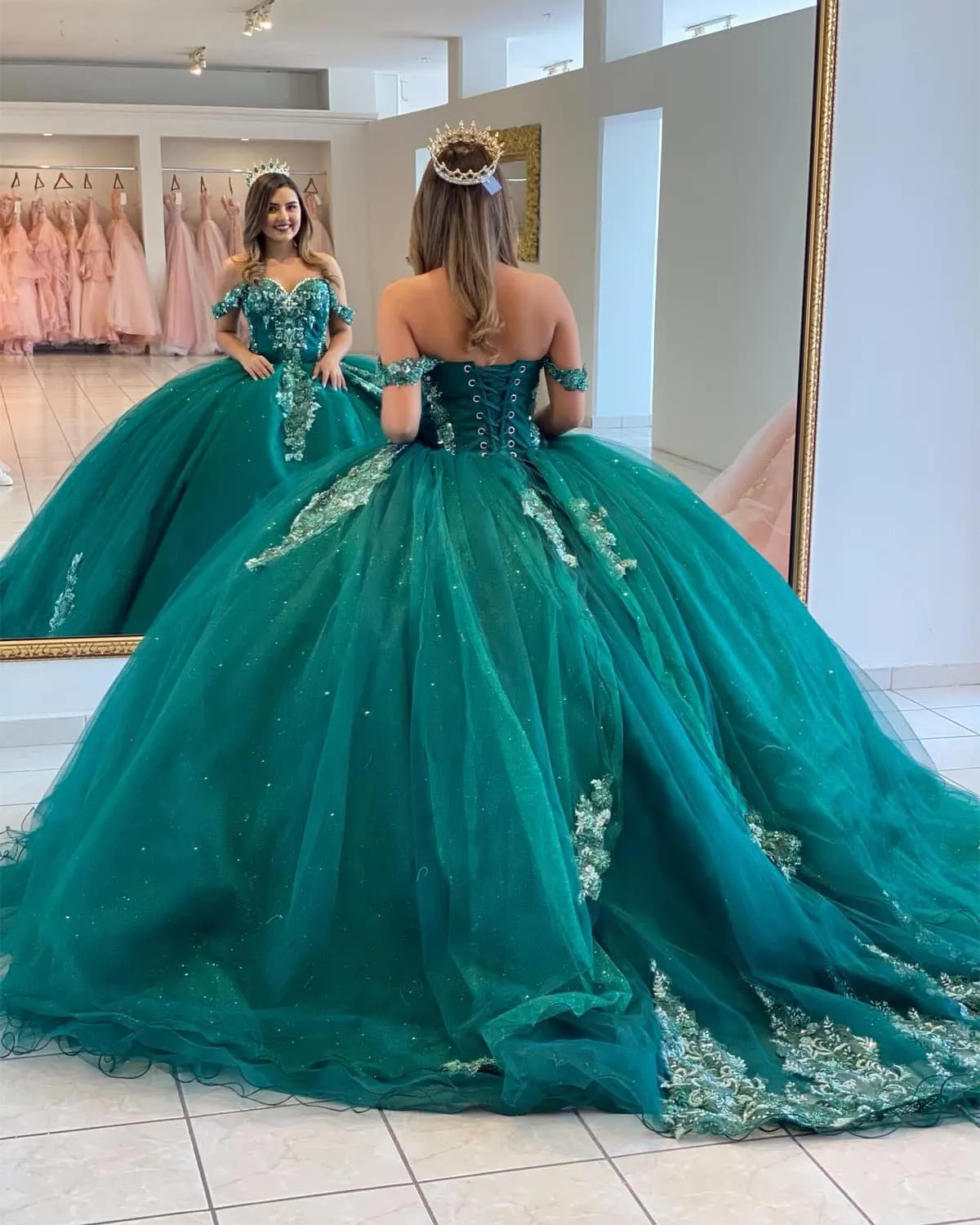 New Emerald Green Quinceanera Dresses Sequined Off The Shoulder Sweet 16 Puffy Tulle Ball Gown vestidos de quinceañera