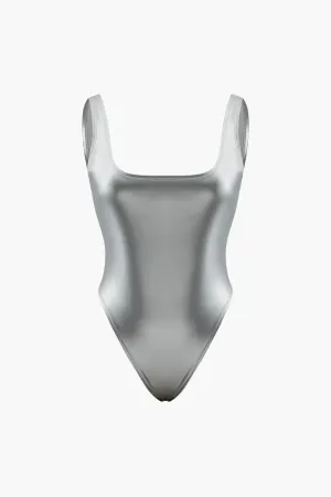NEW Micas Metallic Square Neck Bodysuit, Silver, Sz M