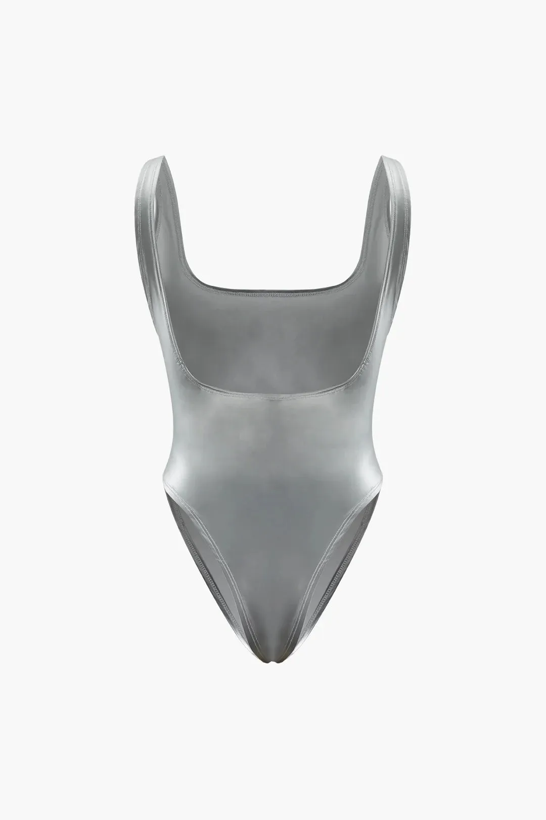 NEW Micas Metallic Square Neck Bodysuit, Silver, Sz M