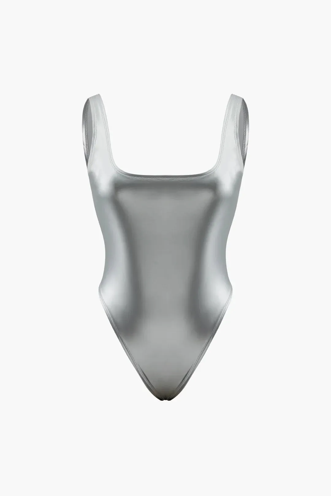NEW Micas Metallic Square Neck Bodysuit, Silver, Sz M