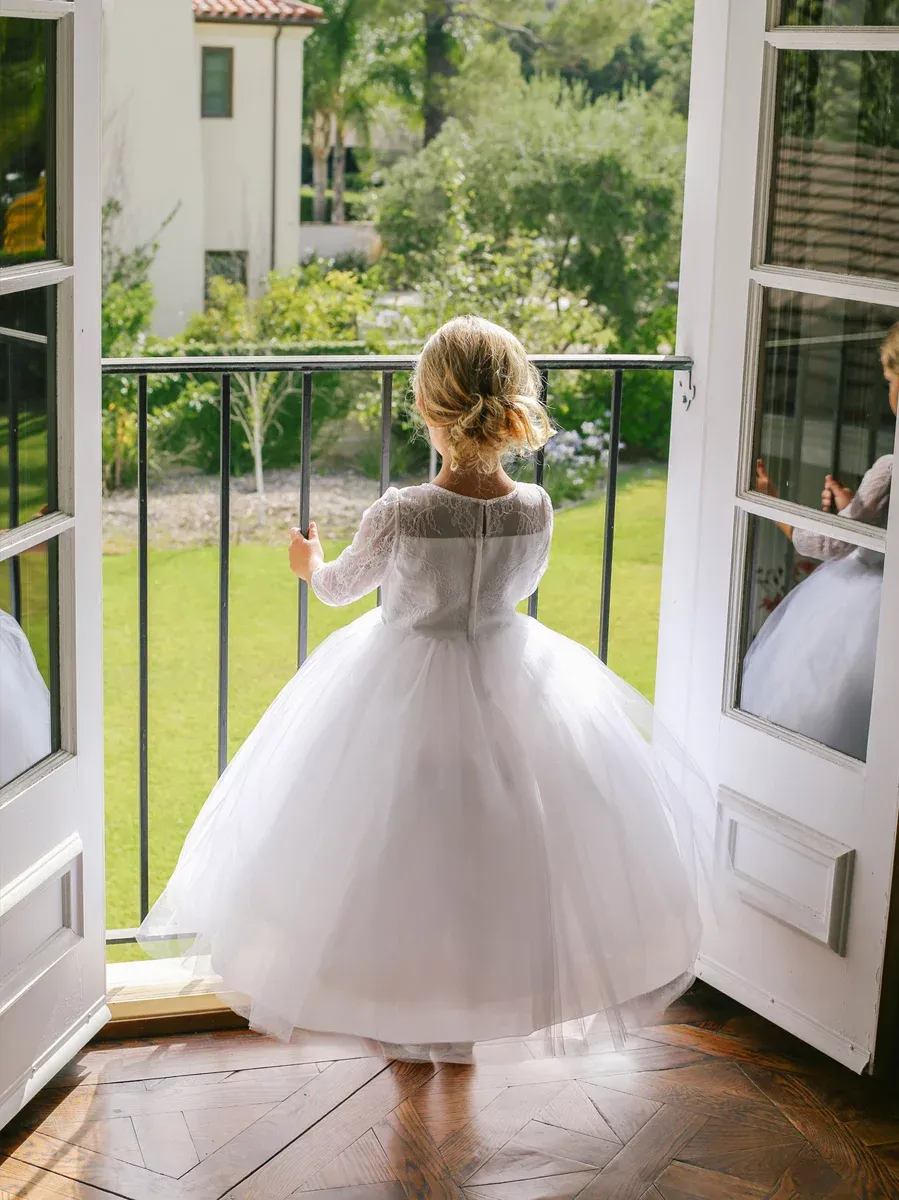 Newest Round Neck Lace 3/4 Sleeves Tulle Flower Girl Dresses, FG0138