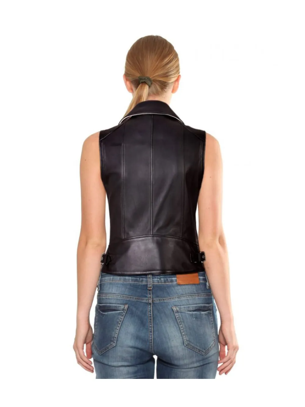 Notch Collar Black Leather Vest for Women