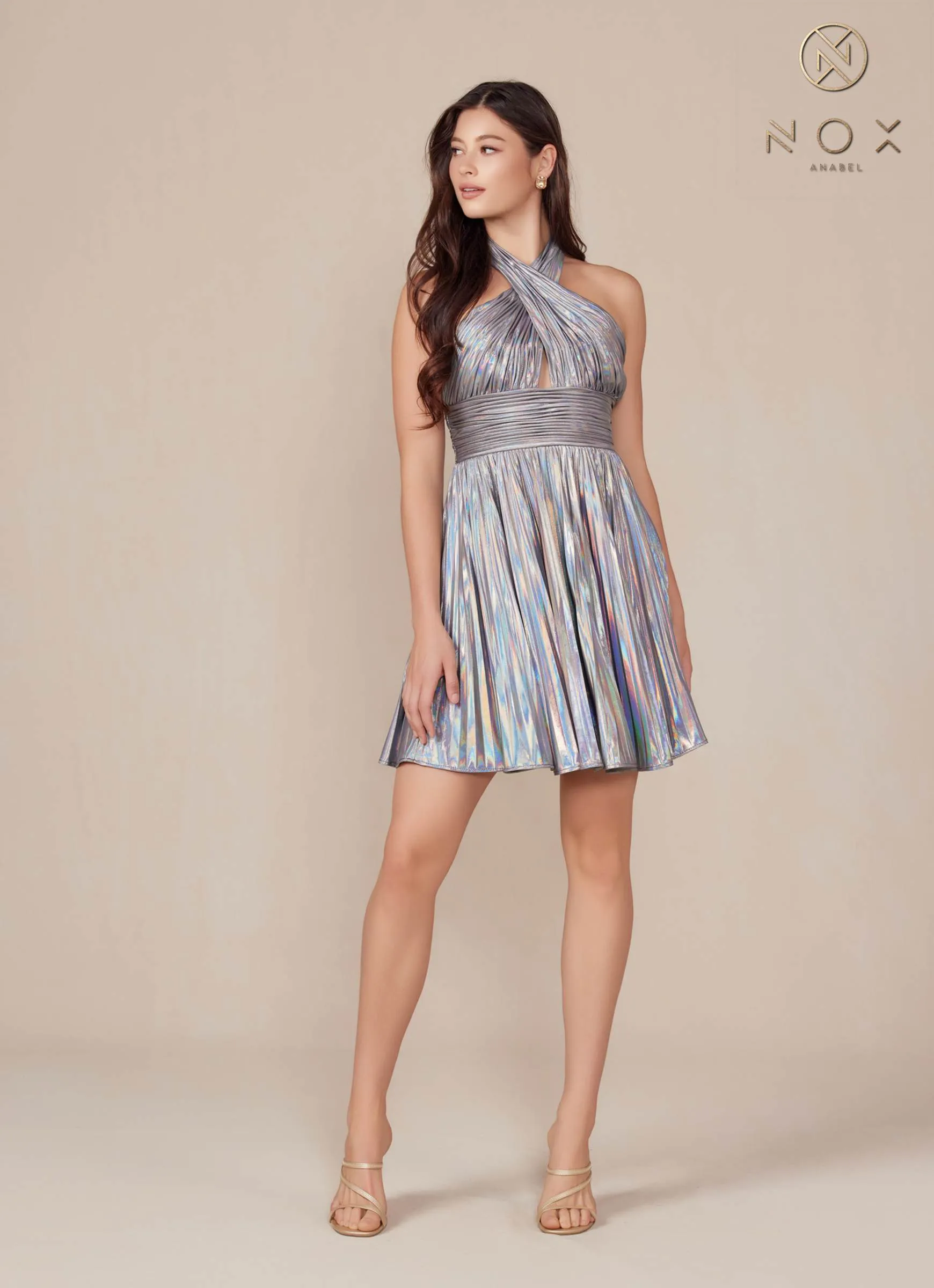 Nox Anabel K822 Short Halter Top Pleated Homecoming Dress
