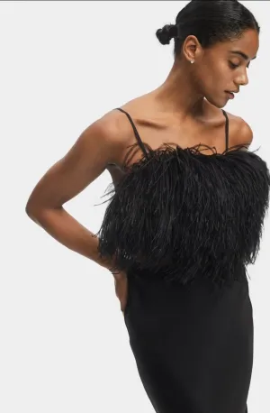 NWT Sleeper Women's Black Boheme Ostrich Feather Satin Crop Top Size Small