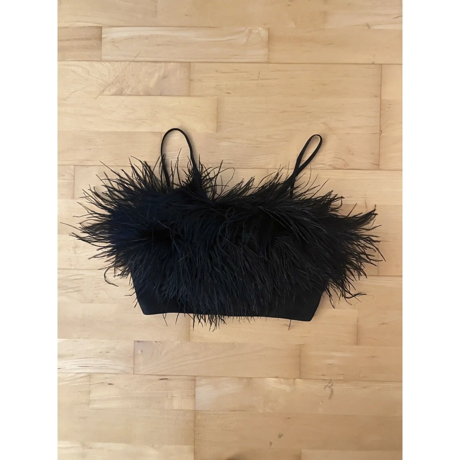 NWT Sleeper Women's Black Boheme Ostrich Feather Satin Crop Top Size Small