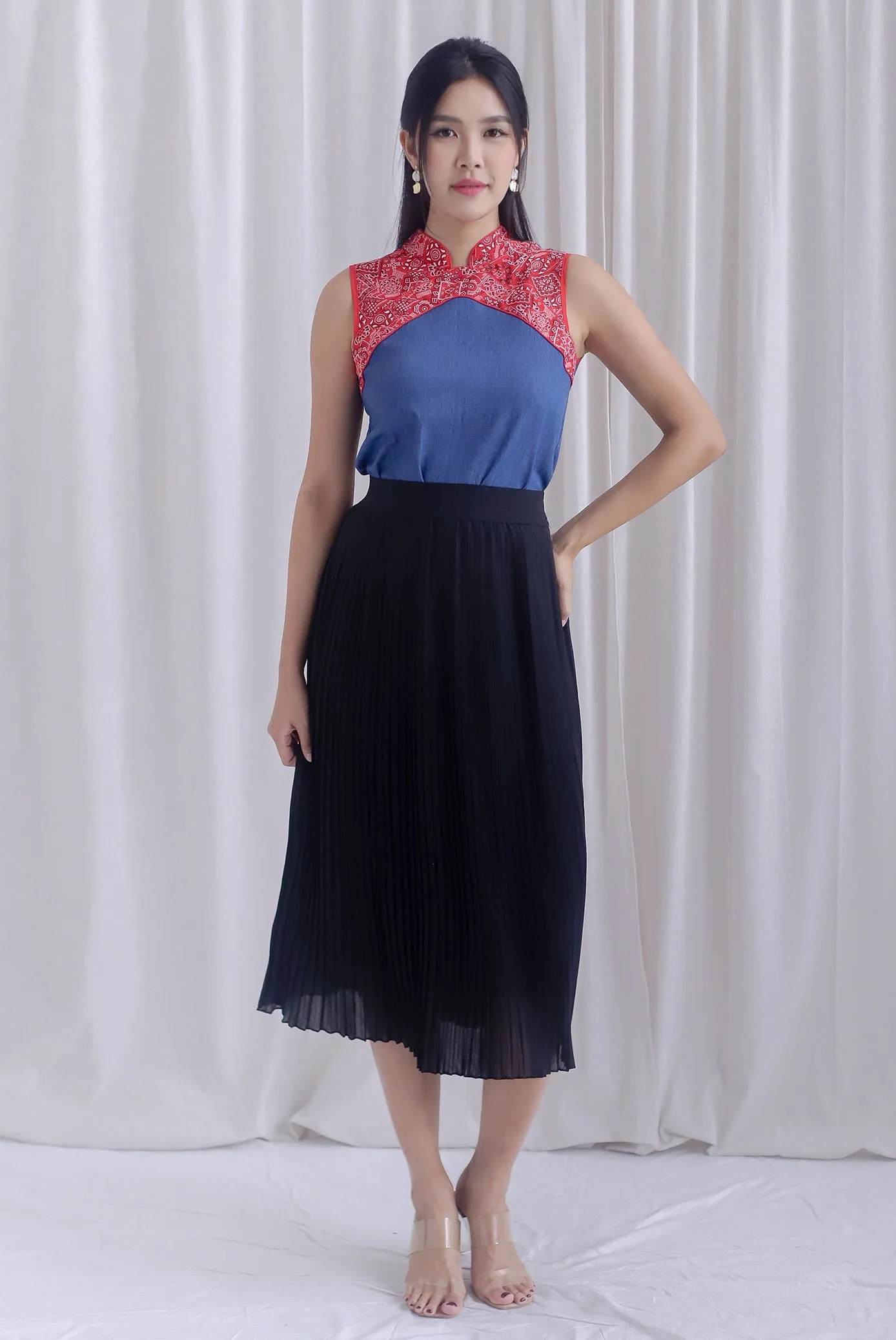 Nyomi Denim Colourblock Cheong Sam Top