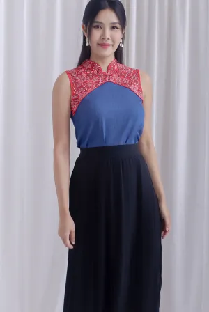 Nyomi Denim Colourblock Cheong Sam Top