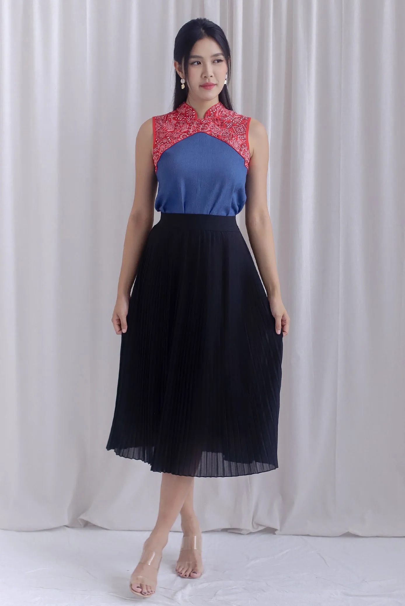 Nyomi Denim Colourblock Cheong Sam Top