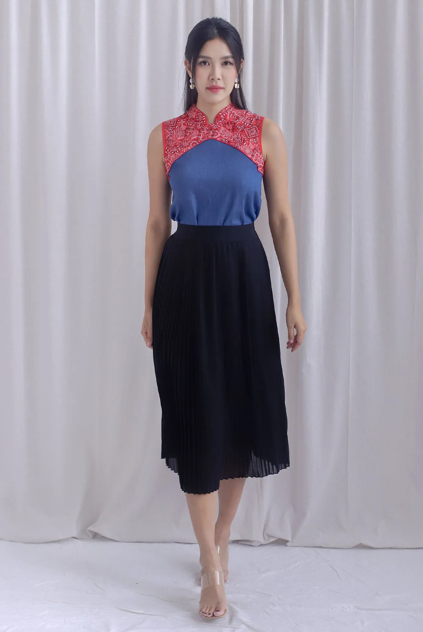 Nyomi Denim Colourblock Cheong Sam Top
