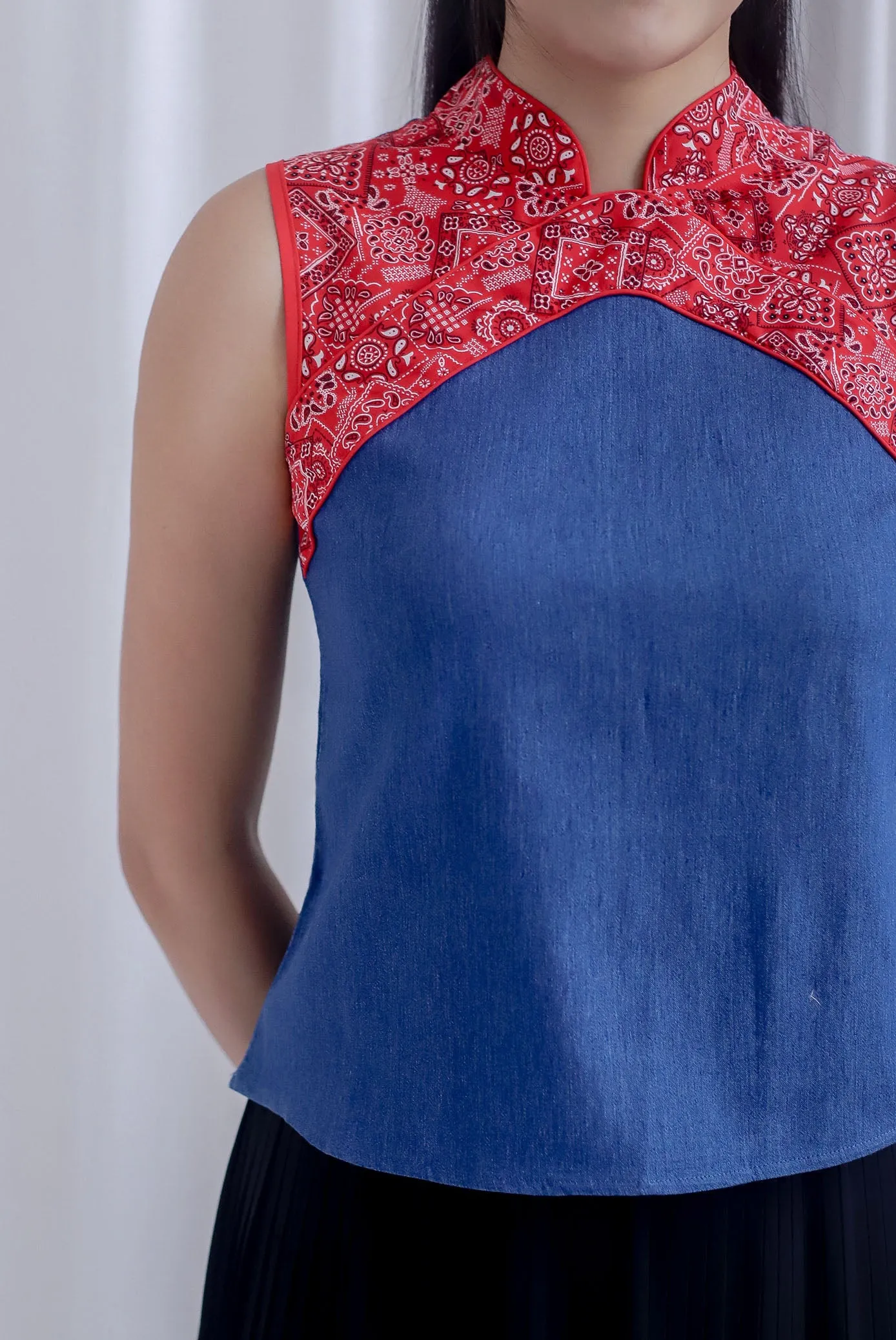 Nyomi Denim Colourblock Cheong Sam Top