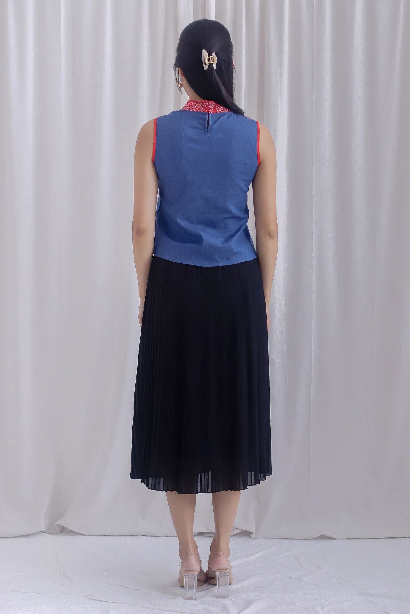 Nyomi Denim Colourblock Cheong Sam Top