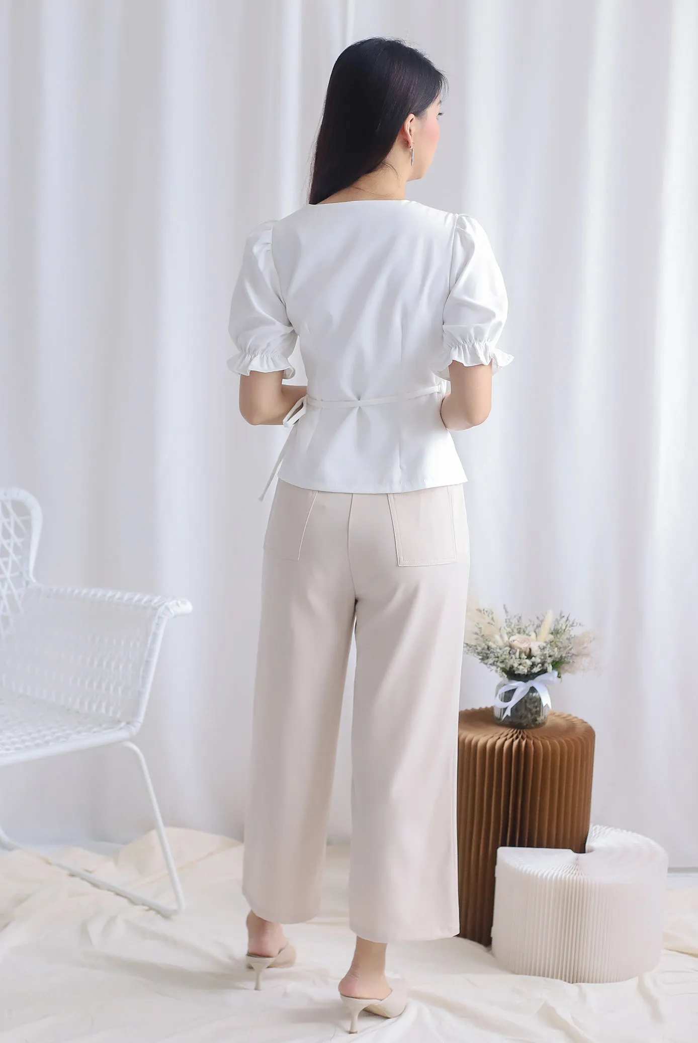 Oaklee Puffy Sleeve Wrap Top In White