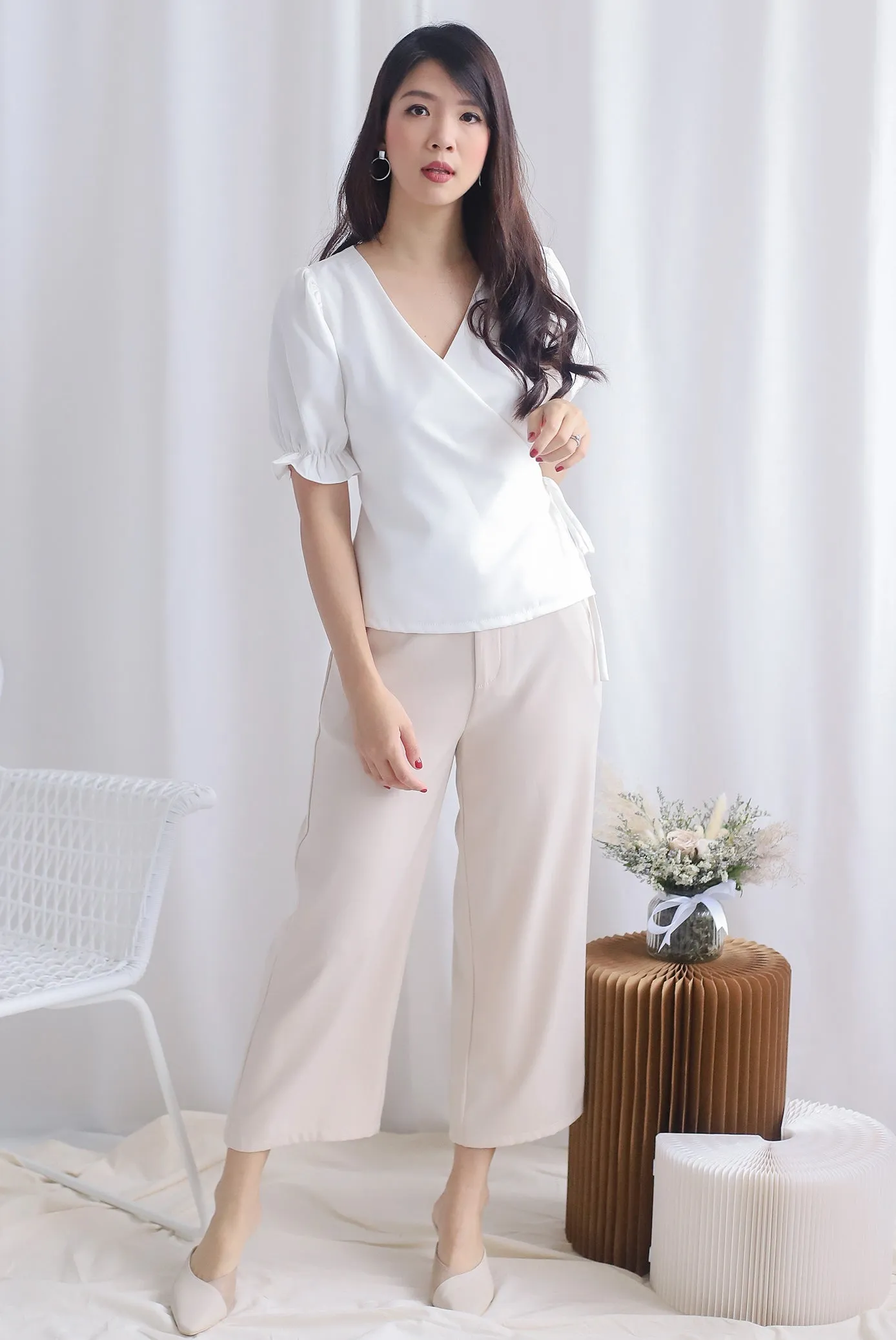 Oaklee Puffy Sleeve Wrap Top In White