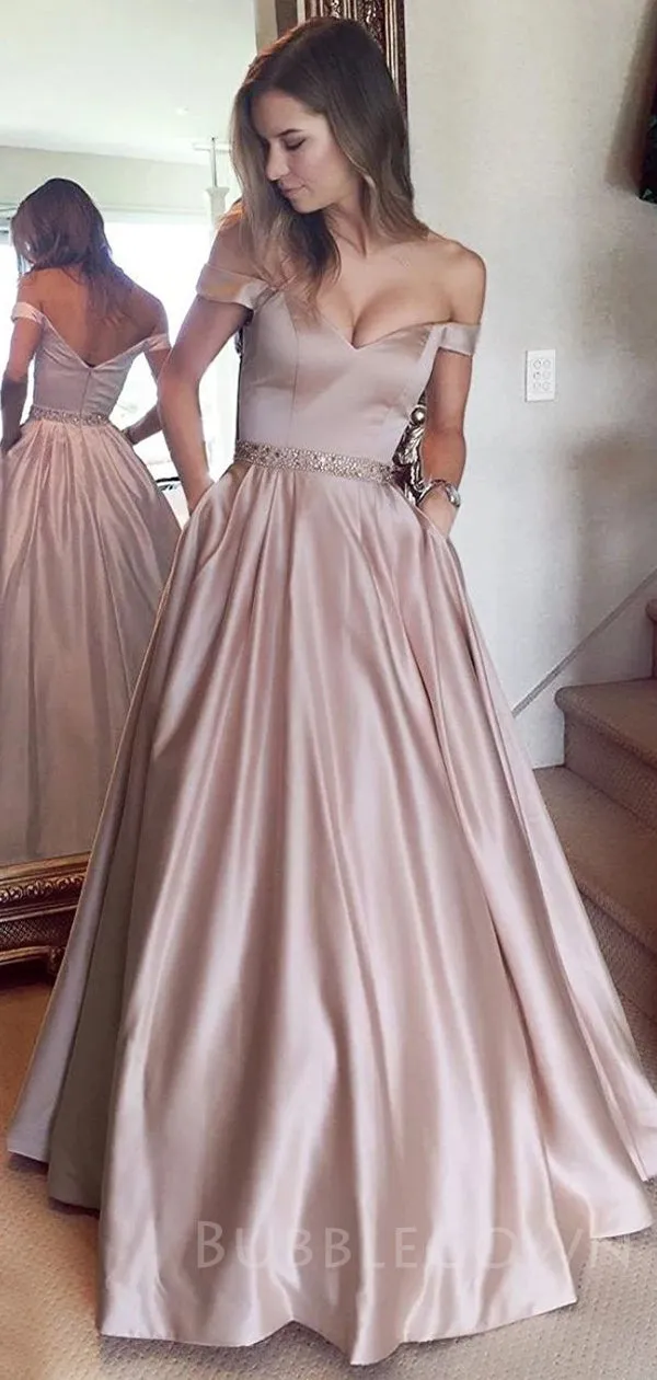 Off-Shoulder Satin Long Evening Prom Dresses, Cheap Sweet dresses, MR7016