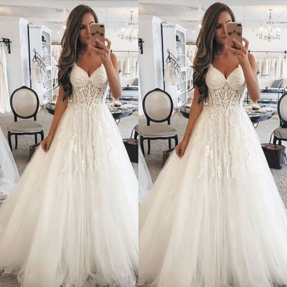 off white wedding dresses for bride lace appliqué spaghetti straps beaded elegant cheap wedding gown