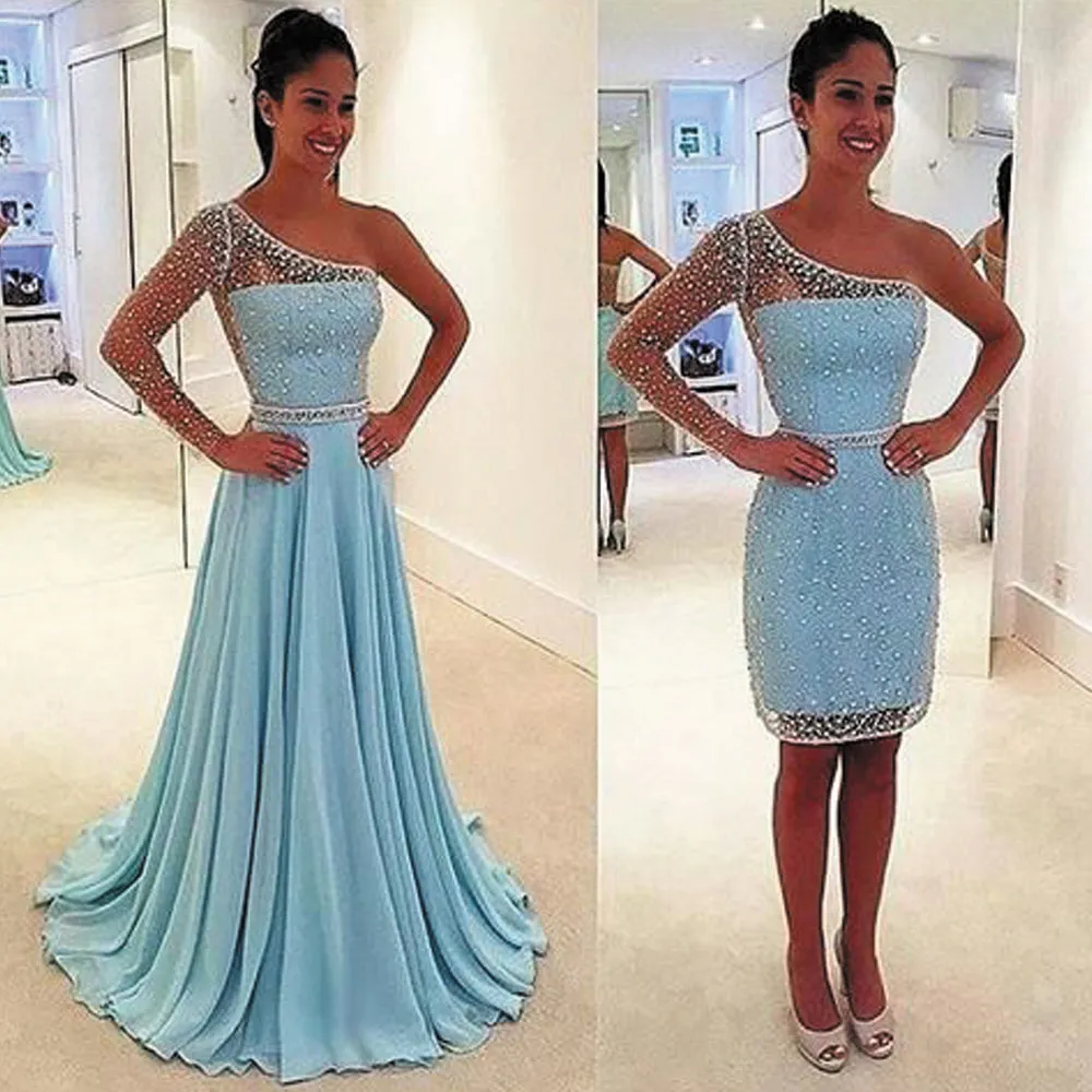one shoulder blue prom dresses long detachable skirt beaded elegant cheap prom gowns vestido de longo