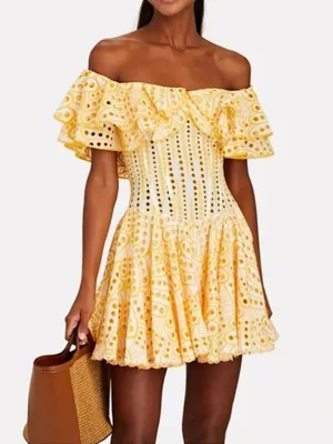 One-Shoulder Mini Dress with Ruffle Edge and Hollow Embroidery